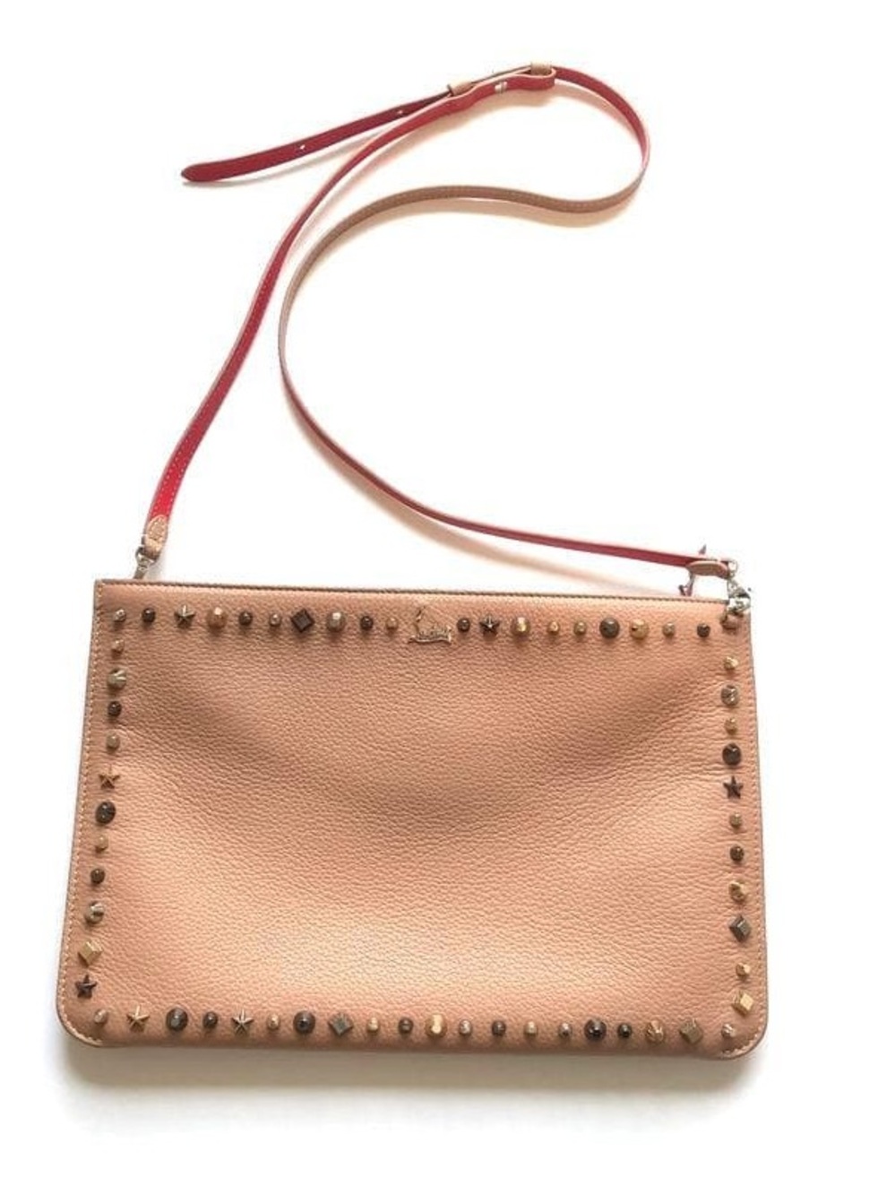 Christian Louboutin Beige Leather Studded Crossbody with Red Strap